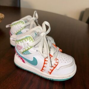 Jordan Kids White and Teal Sneakers with Orange Accents